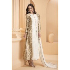 CTL-162 WHITE AND GOLDEN BROCADE DESIGNER READY TO WEAR DRESS